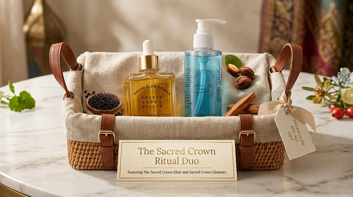 A gift basket set containing 'The Sacred Crown Ritual Duo' featuring a golden elixir bottle and a blue cleanser bottle, presented in a woven basket with leather handles on a marble table.