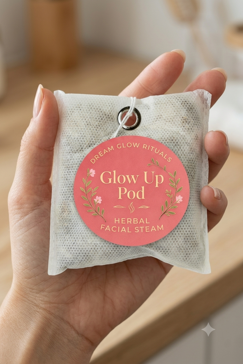 Hand holding a 'Glow Up Pod' herbal facial steam package with a pink label.
