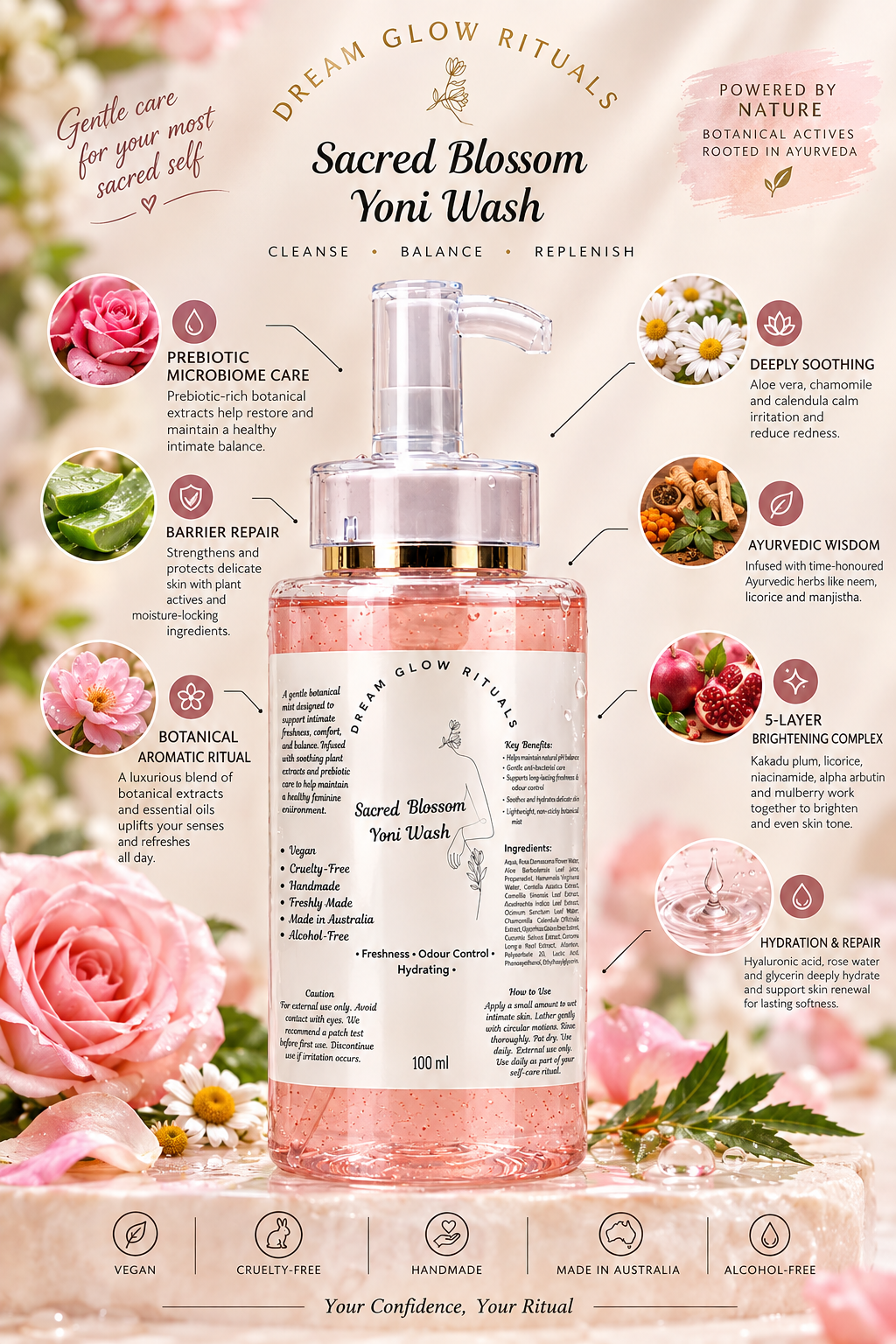 Sacred Blossom Yoni Wash by Dream Glow Rituals in a frosted pump bottle with pink liquid, surrounded by floral graphics and detailed product information callouts on a light pink background.