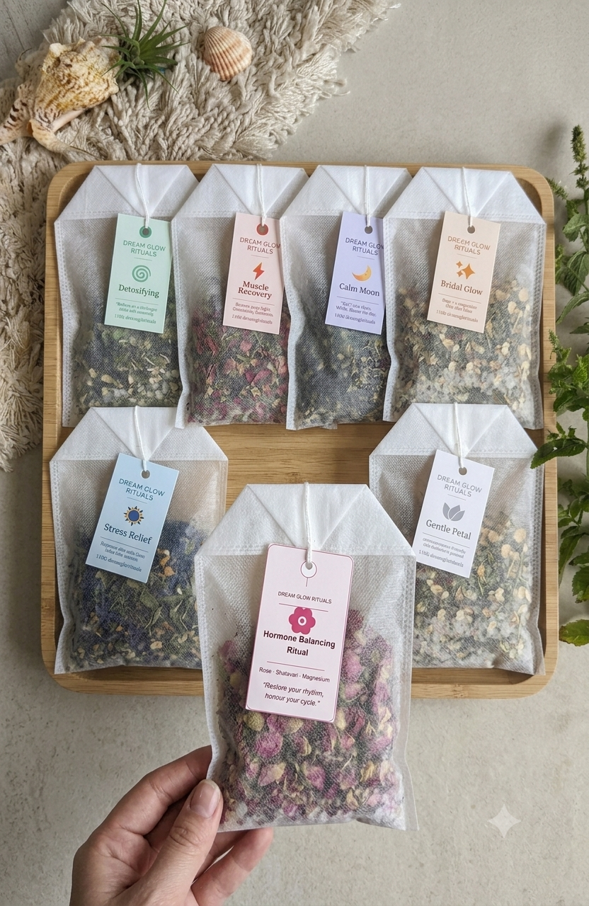 Herbal tea bags in clear packaging with tags on a wooden tray, held by a hand.