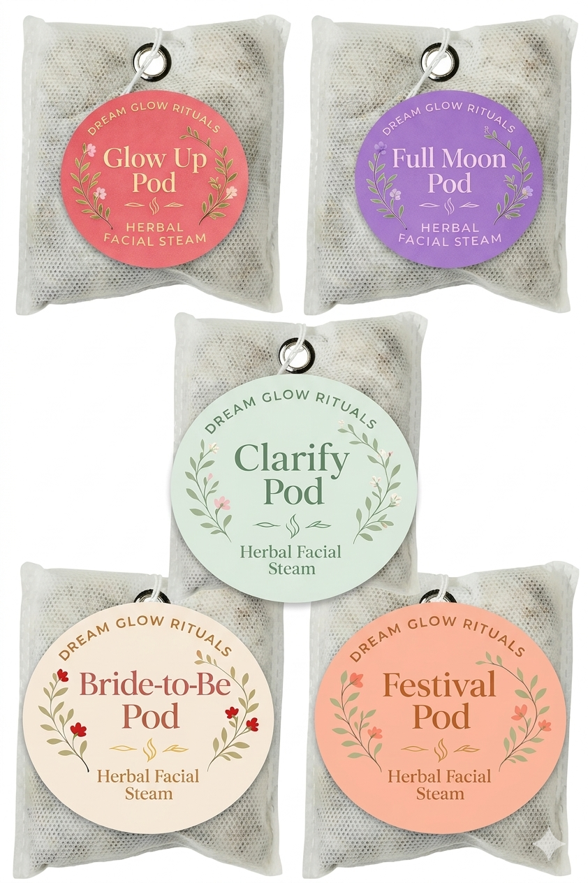 Set of five herbal facial steam pods with colorful labels on a white background
