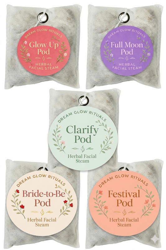 Set of five herbal facial steam pods with colorful labels on a white background
