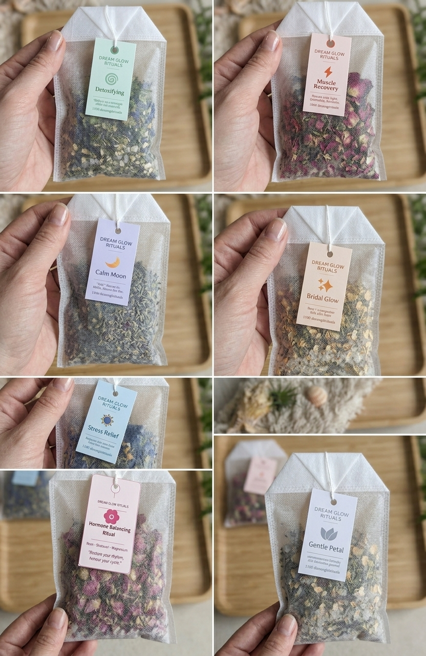 Collage of various herbal tea bags held by a hand with visible labels.