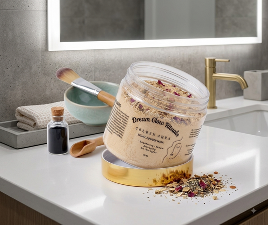 A clear jar of Dream Glow Rituals Golden Aursa Natural Powder Mask sits on a white bathroom counter with its gold lid beside it. The jar is shown at an angle with some of the loose mask spilled onto the counter, surrounded by skincare props including a brush, folded towels, and a small bottle in a modern bathroom setting.