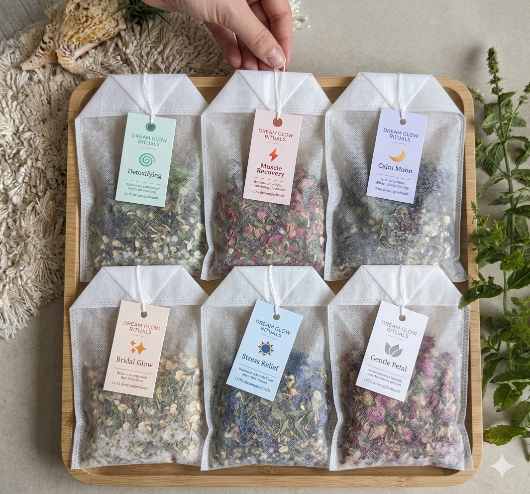 Set of dried herb packets on a wooden tray with labels
