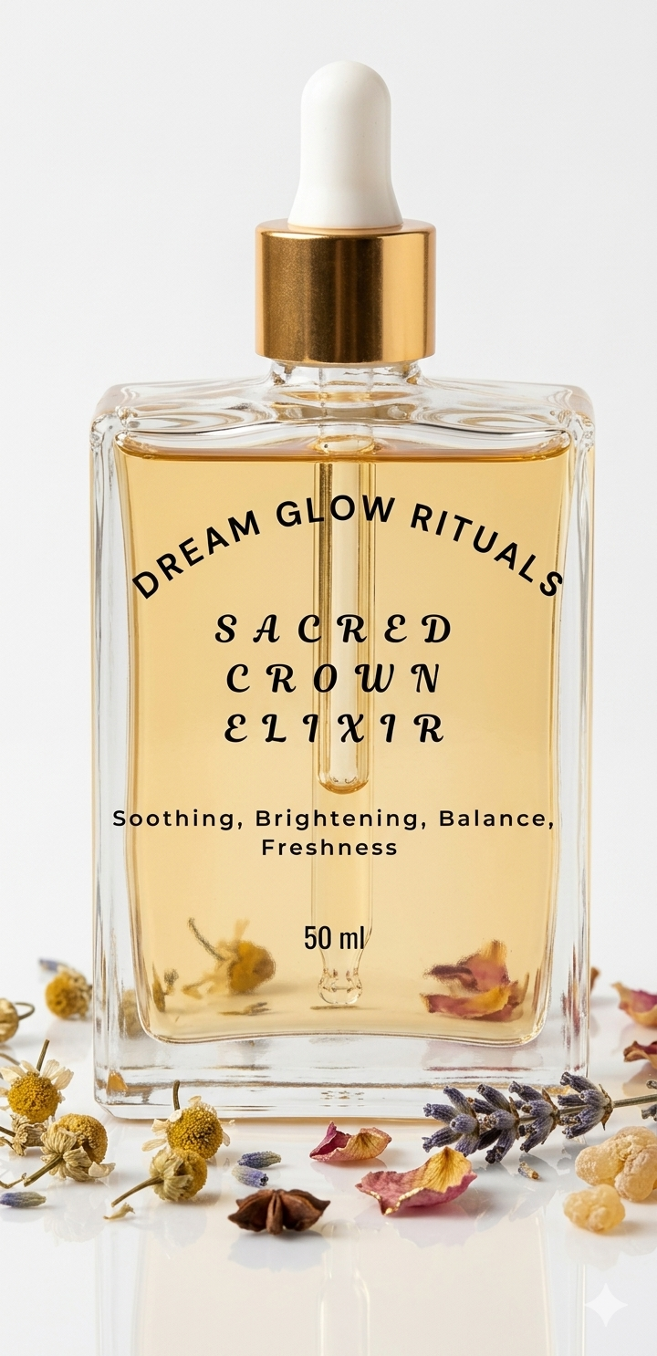 Dream Glow Rituals Sacred Crown Elixir bottle with dried flowers and herbs on a white background