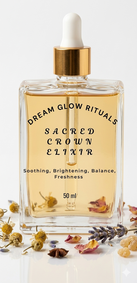 Dream Glow Rituals Sacred Crown Elixir bottle with dried flowers and herbs on a white background