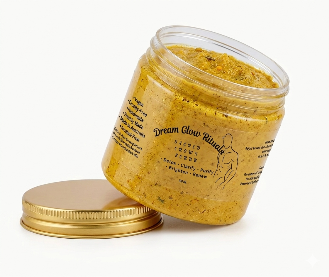 Open jar of Dream Glow Rituals body scrub with gold lid on a white background