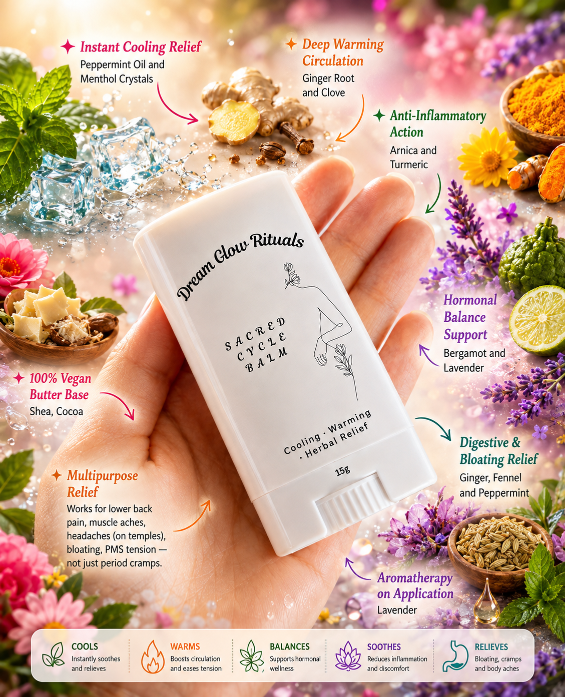 A hand holds a white tube of Dream Glow Rituals Sacred Cycle Balm, surrounded by colorful ingredients like purple flowers, ginger, peppermint, and herbs, with text callouts detailing its benefits.