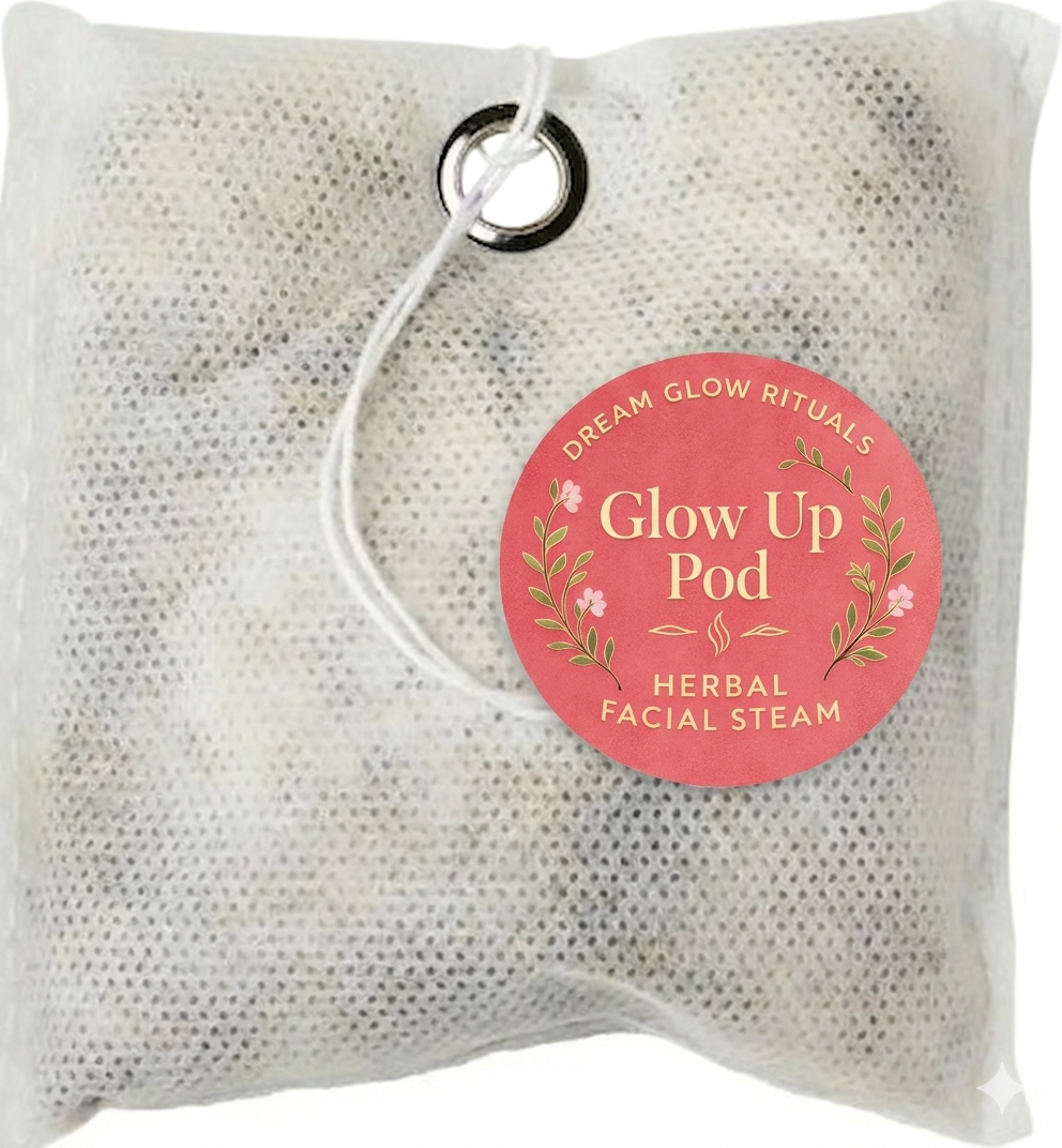 Herbal facial steam pod with a pink label on a white background