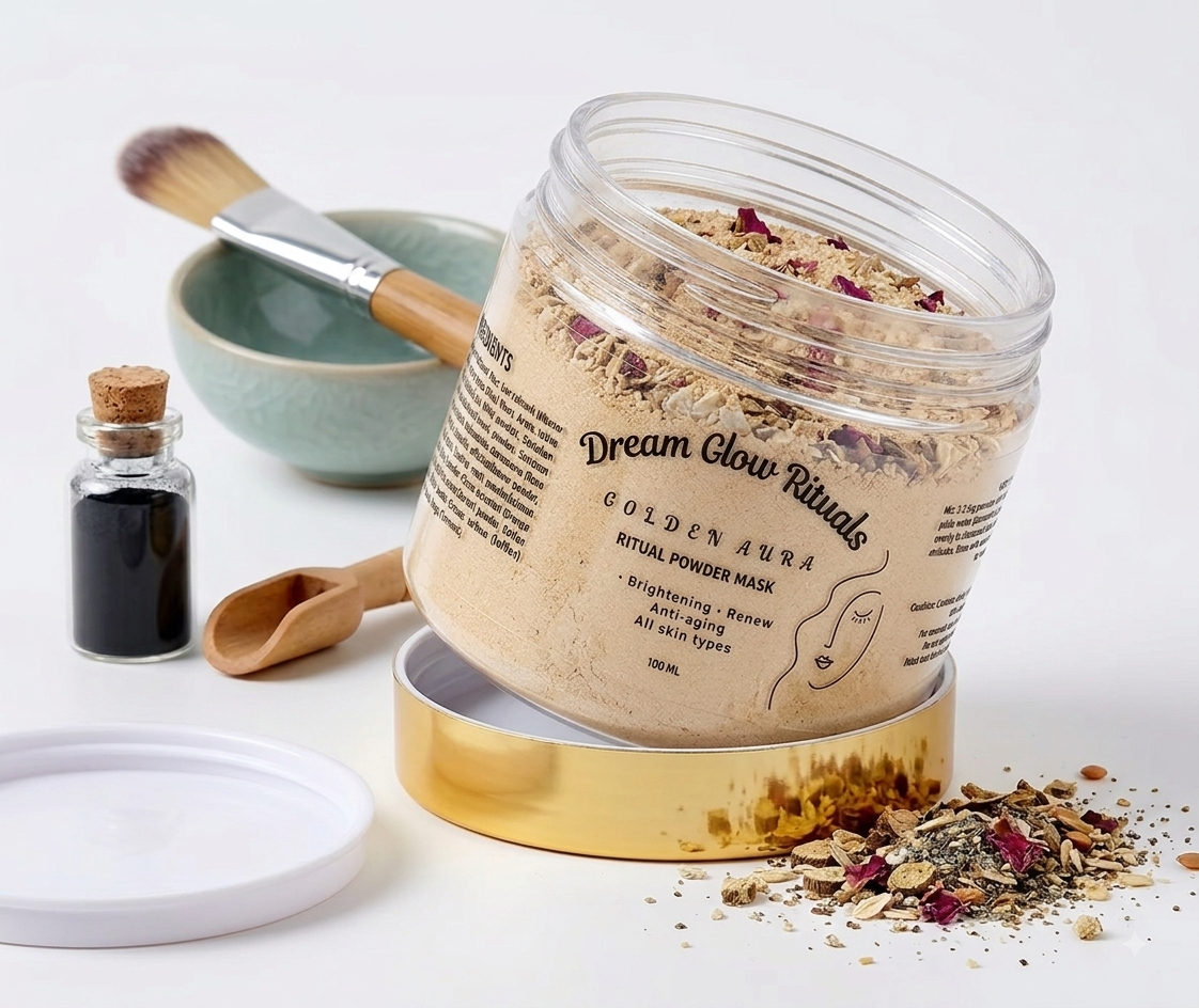 A clear jar of Dream Glow Rituals Golden Aura Natural Powder Mask sits on a gold lid with a white lid beside it, styled with a makeup brush, small bottle, wooden spoon, and bowl on a white background.