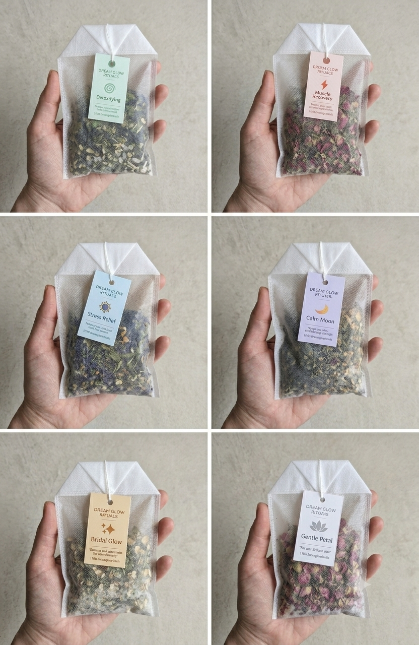 Collage of six images showing hands holding transparent bags with dried herbs and tags on a beige background.