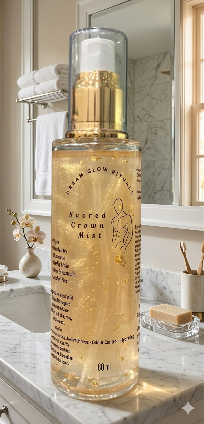 Bottle of 'Sacred Crown Mist' on a bathroom counter with marble tiles and a mirror in the background.