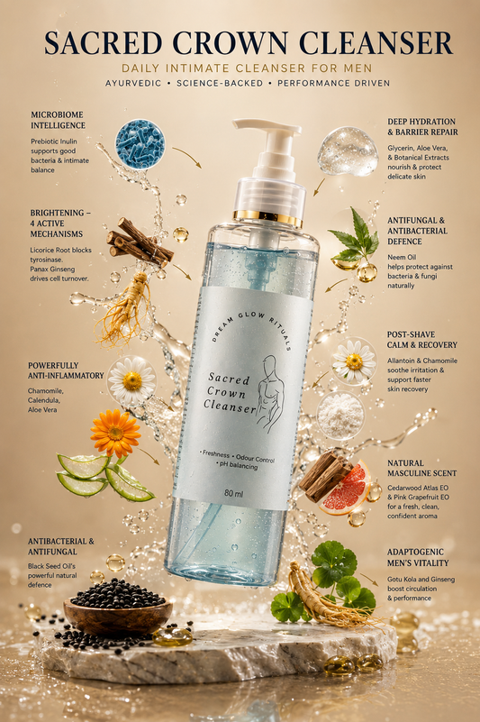 A bottle of Sacred Crown Cleanser centered in a polished promotional composition with surrounding botanical and ingredient props, text callouts, and a warm beige background. The product itself is a clear cylindrical bottle with a white pump and a printed label reading Sacred Crown Cleanser.