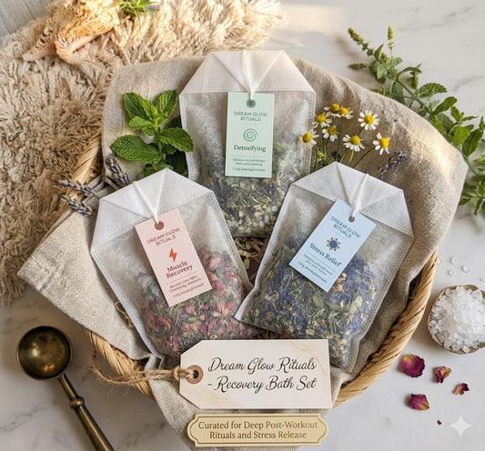 Three herbal bath ritual tea bags in a woven basket lined with beige fabric, surrounded by botanical props including mint leaves, chamomile flowers, dried petals, a brass spoon, and coarse salt. The bags have tags reading Dream Glow Rituals, Detoxifying, and Glow from the Within.