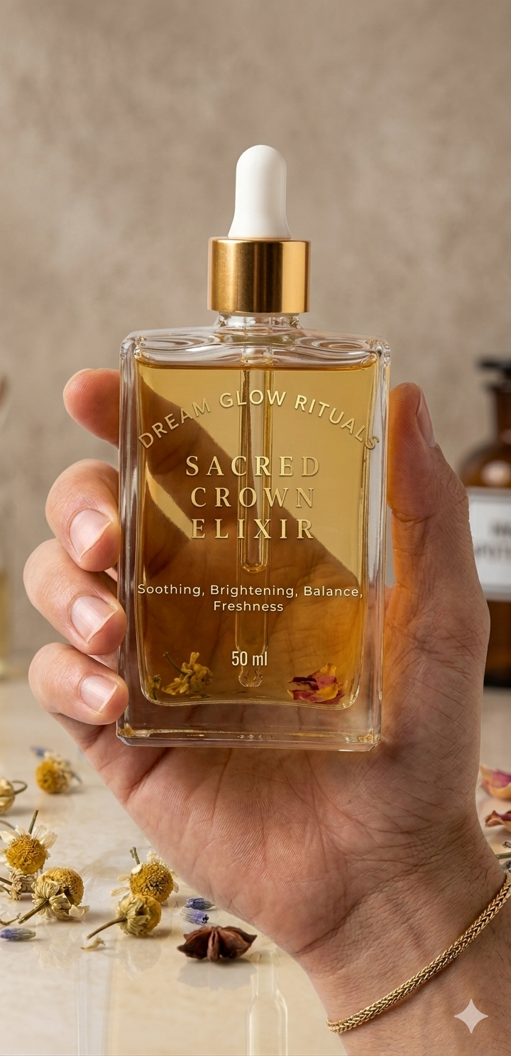 Hand holding a bottle of 'Sacred Crown Elixir' with a beige background