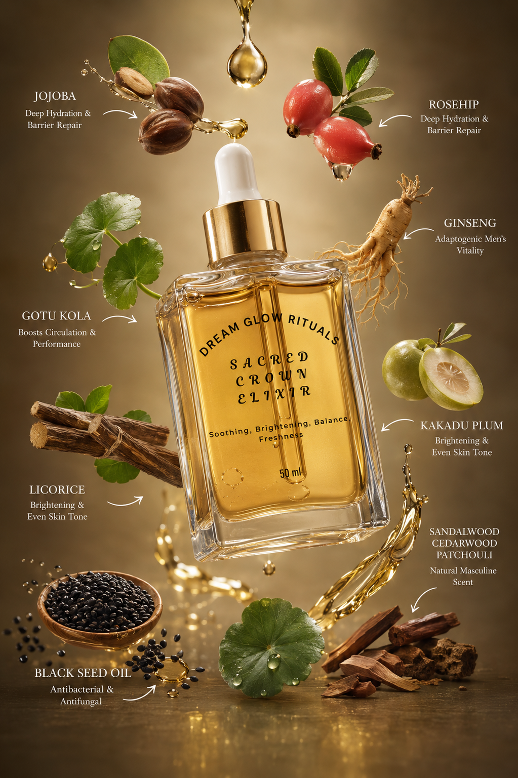 A clear glass bottle of Dream Glow Rituals Sacred Crown Elixir with a white dropper cap and gold collar, centered on a warm gold background. The bottle is surrounded by illustrated and photographed botanical ingredients including jojoba, rosehip, ginseng, gotu kola, licorice, black seed oil, sandalwood, cedarwood, patchouli, and kakadu plum, each labeled with text.