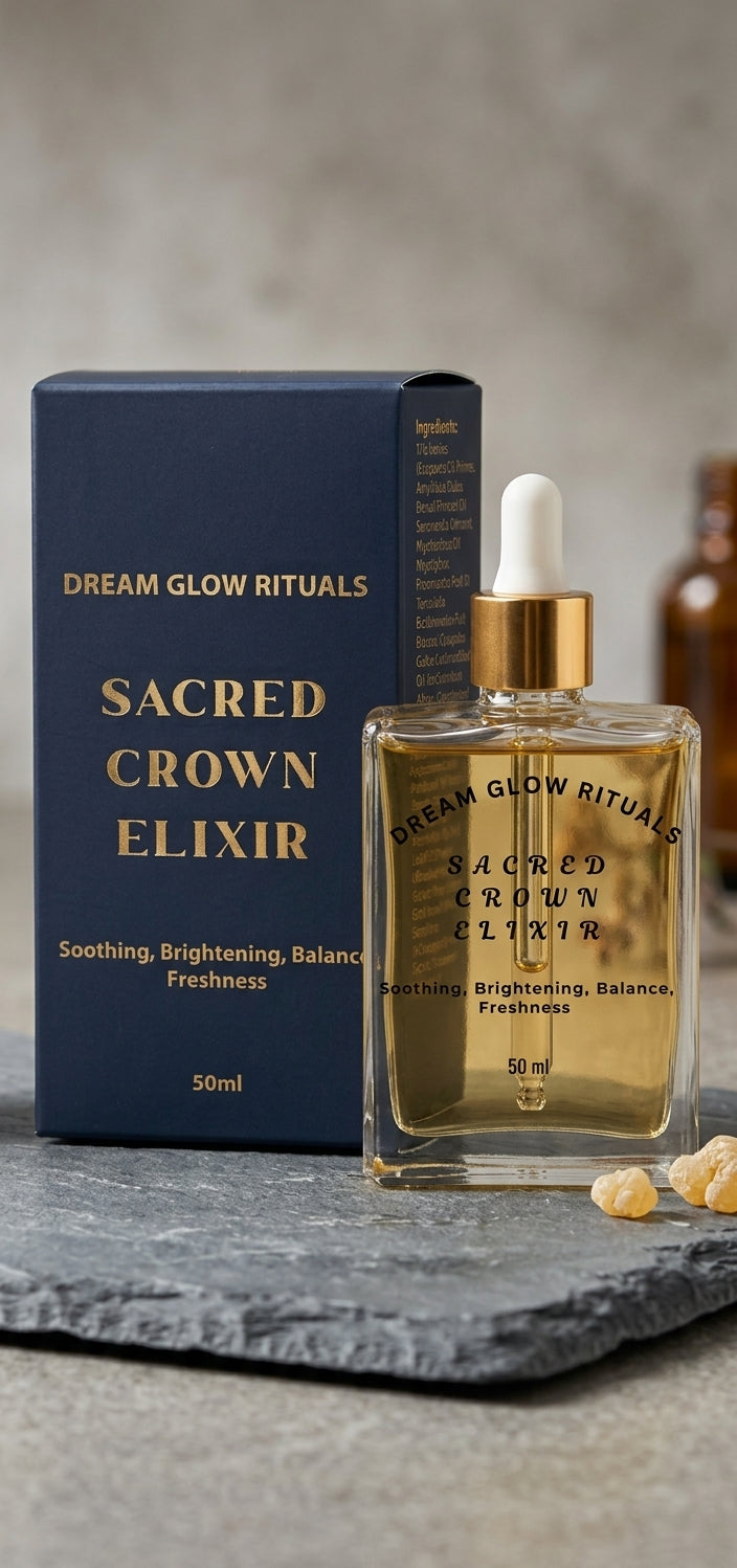 Dream Glow Rituals Sacred Crown Elixir in a clear glass dropper bottle with golden liquid, displayed next to its navy blue box on a gray slate surface.