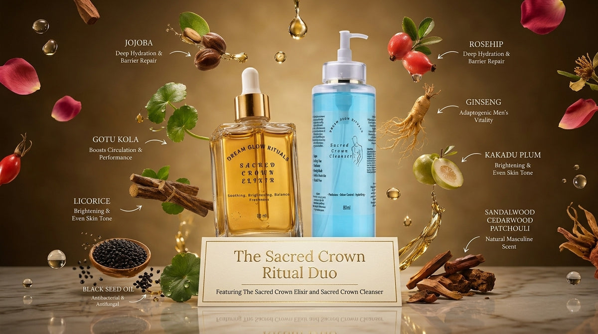 Two skincare bottles from The Sacred Crown Ritual Duo are centered against a warm brown background with floating botanical ingredients and text labels. The left bottle contains golden-yellow oil, and the right bottle is light blue with a white pump.