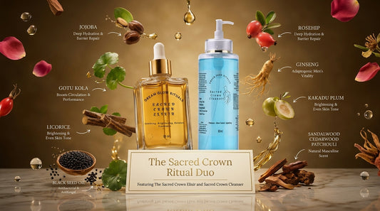 Two skincare bottles from The Sacred Crown Ritual Duo are centered against a warm brown background with floating botanical ingredients and text labels. The left bottle contains golden-yellow oil, and the right bottle is light blue with a white pump.