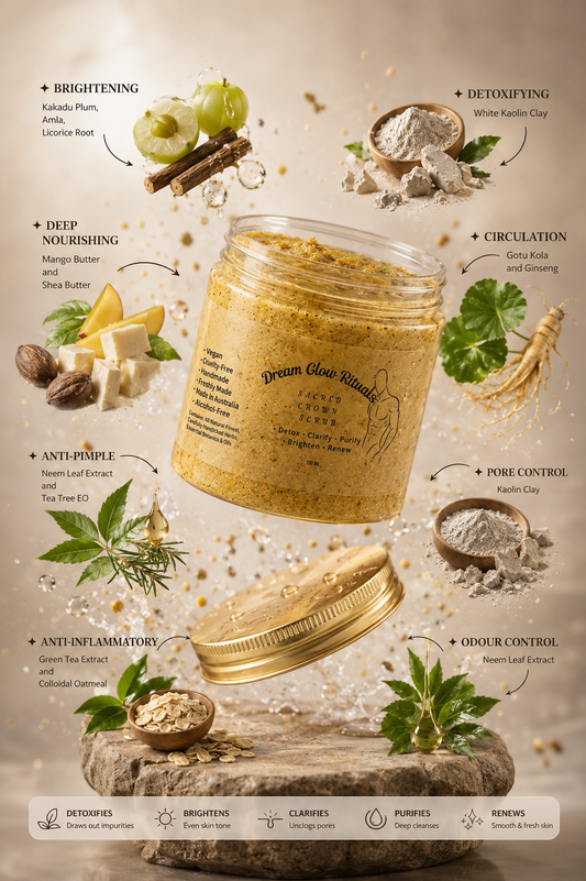 A jar of Dream Glow Shade exfoliating scrub is shown in a styled product composition with its lid placed beside it on a wooden surface. The scene includes floating ingredients and botanicals such as green apples, cinnamon, lemon, herbs, and clay powder, with text callouts describing skincare benefits.