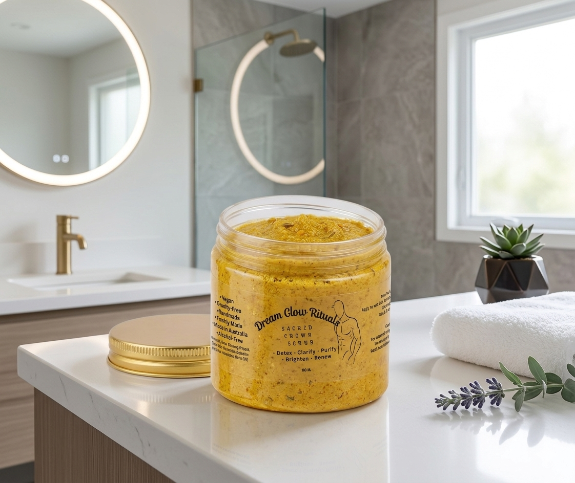 Jar of yellow body scrub on a bathroom counter with a mirror and sink in the background