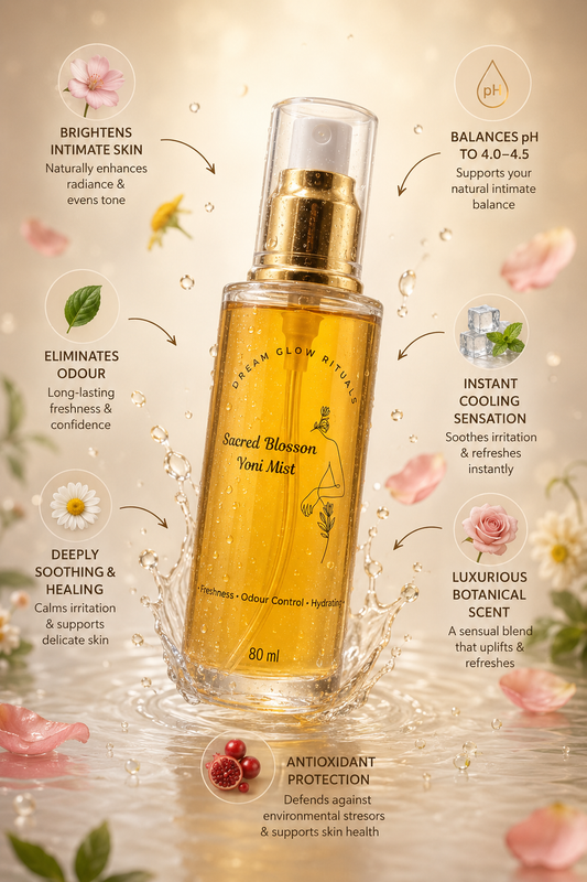 A bottle of Sacred Blossom Toner Mist by Green Glow Mind is centered against a warm beige background with floral graphics and callout text describing its benefits. The bottle contains a golden-yellow liquid and has a gold cap.