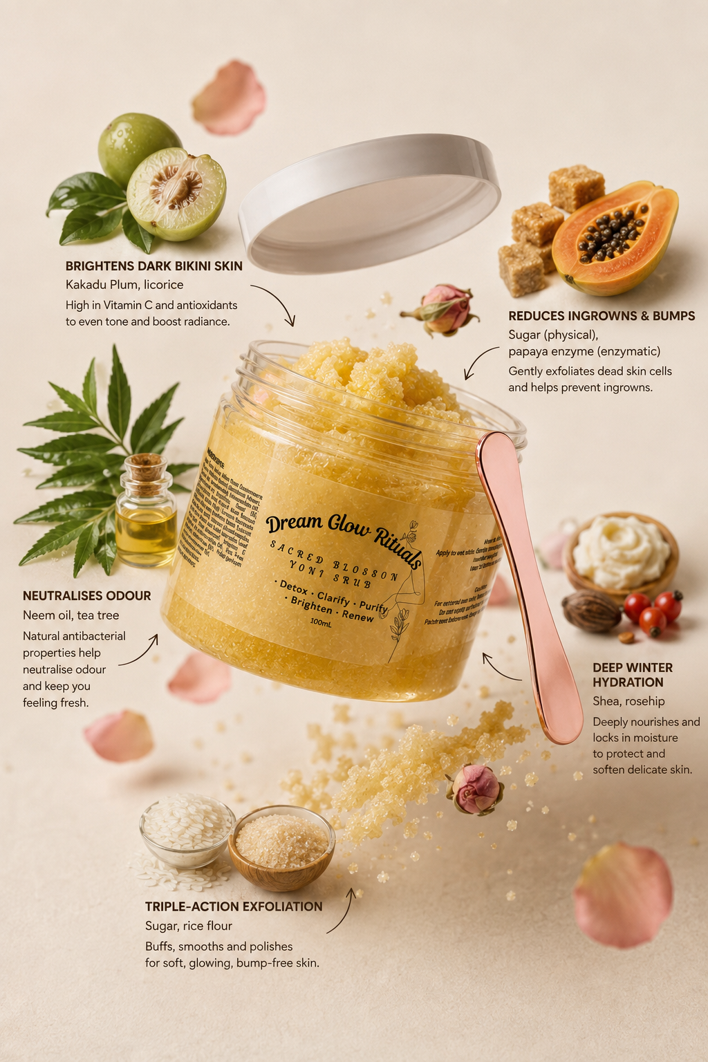 A jar of Dream Glow Radiant Exfoliating Clay Mask shown on a warm beige background with decorative ingredient callouts and floating pink petals. The jar is open, revealing coarse yellow-beige clay mask inside, with a pink spatula resting inside.