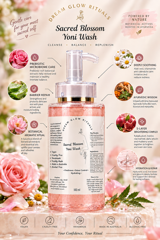Sacred Blossom Yoni Wash by Dream Glow Rituals in a frosted pump bottle with pink liquid, surrounded by floral graphics and detailed product information callouts on a light pink background.